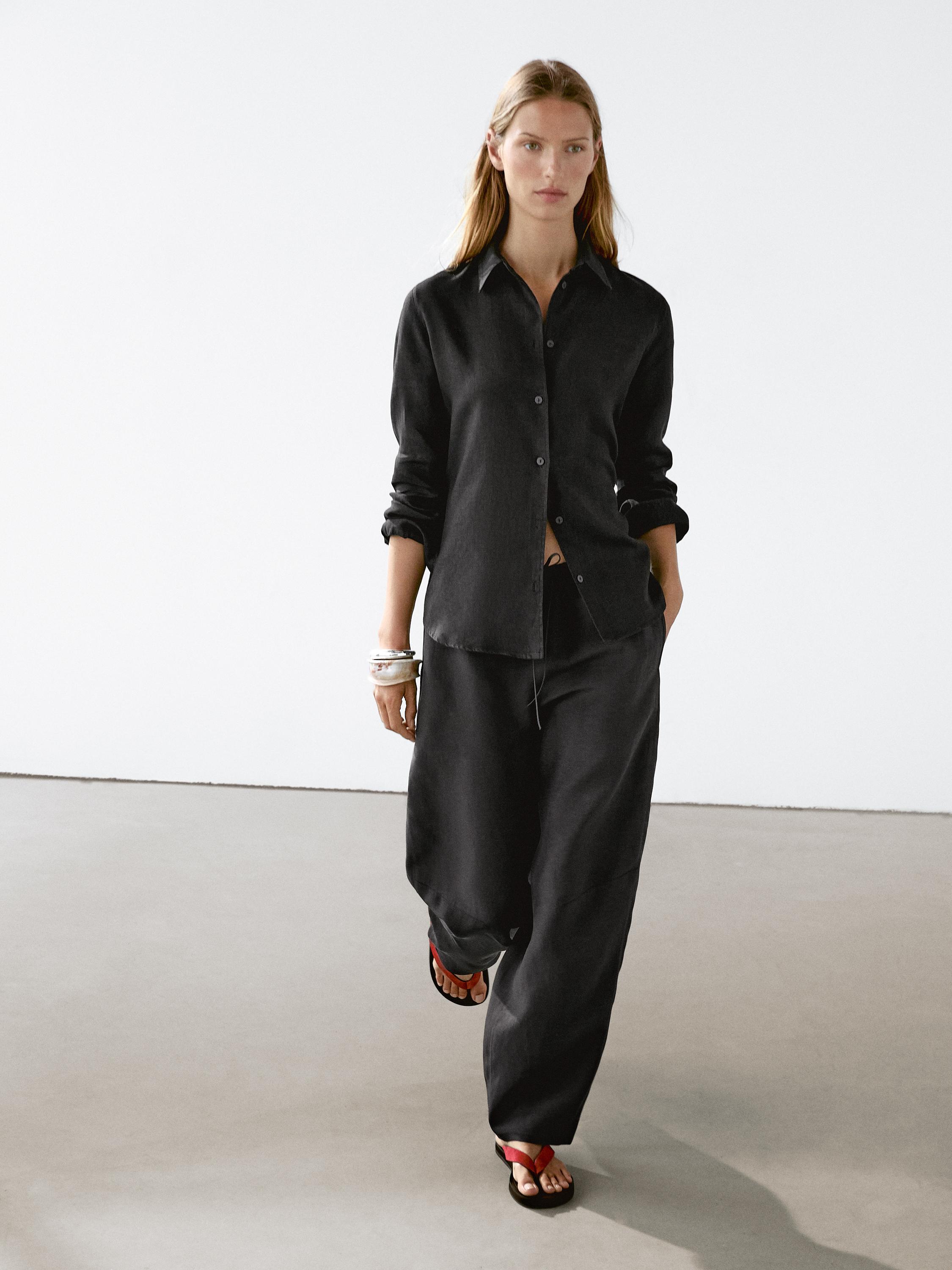 Flowing linen blend barrel fit trousers